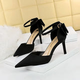 Zingj Korean Version Of Sweet Women's Shoes Fine Heel High Heel Shallow Mouth Pointed Silk Hollow Bow After A Word With