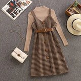 Autumn Winter Woman Long Sleeves Knitted T-shirt + Tweed Blend Plaid Dress 2 pcs sets Female Outfits Free