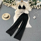 Zingj Bikini Top High Waist Straight Leg Wide Leg Pants Knit Hollowed-Out Pants