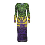 Women Autumn Long Sleeve Printed Mesh See Through Bodycon Dress 2021 Fall Female Clothing Streetwear Wholesale