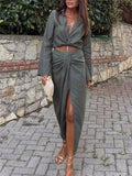 Knot Pencil Long Skirt Women High Waist Pleated Split Skirt Sets Streetwear Summer Skirts Woman 2023 Elegant Midi