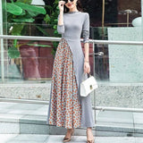 Winter Floral Print Knitting Patchwork Casual Fashion Maxi Dress Ladies All-match Oversized Vestidos Elegant Robe
