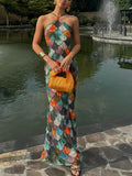 Summer New Women's Print Sleeveless Hanging Neck Dress Fashion Temperament Elegant Sexy