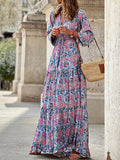 Chic V Neck Spring Summer Maxi Dress Loose Casual Ruffle A-Line Dress Elegant Floral Printed Women Half Sleeve