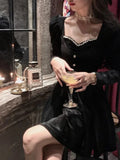 Wedding Party Black Velvet Midi Dresses for Women 2023 Autumn Square Neck Long Sleeves Evening Prom Mini Female