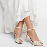 Temperament Fish Mouth Jc High-Heeled Sandals Pure Color Lace Sweet Pearl Toe High-Heeled Sandals Direct