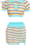 Knitted Striped Two Piece Sets Short Sleeve Stretch Classic Lapel Tops+Mini Split Skirts Matching Streetwear