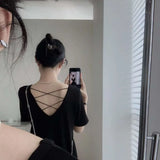 Zingj Over The Knee Long Skirt Female Loose Show Thin Simple Sense A Word Dew Back Cross Hollow Out In The Long Dress-Outfit