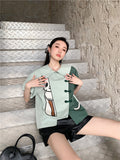 Cartoon Cat Green Patchwork Peter Pan Collar Blouse Women Short Sleeve Summer Top Button Up Shirt 2022 Korean