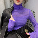 Women See Through Transparent Mesh Tops Long Sleeve Sheer Slim Ladies