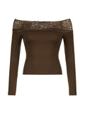 Lace Splice Off Shoulder Long Sleeve Tee-Outfit