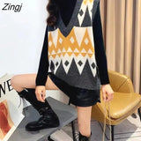 Vest Women Knitting Geometric Argyle Retro Autumn Korean Style New Ladies Sweaters Winter All-match Outwear Teens