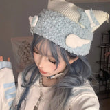 Aesthetic Streetwear Casual Hats Harajuku Patchwork Star Knit Hat Women 7 Colors Autumn Winter All Match Cute Cat Ears