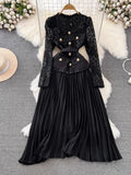 And Autumn Korean Version Of Socialite Temperament Fake Two Long-Sleeved Square Collar Lace Receiving Waist A Large Swinging Pleated