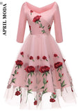 Winter Autumn Embroidery Women Vintage 70s Mexican Ethnic Floral Boho Midi Off Shoulder Party Dress Vestido Robe Femme