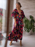 Boho Floral Printed V-neck Short Sleeve Self Belted Cotton Dress Tunic Women Summer Clothes Street Wear Maxi Dresses