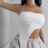 White Halter Crop Top Irregular Hem Backless Cami Y2K Girl Sexy Sleeveless Top Streetwear Women Clothes