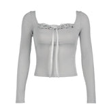 Stitching Square Neck Coquette Bow Long Sleeve TeeOutfit