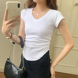 And Feel Waist Solid Color V-Collar Short-Sleeved T-Shirt Women's New Summer Side Wrinkle Slim To Show The Trend Of Thin Short-Style