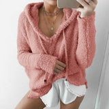 Autumn Top Women Casual Mohair Hooded Pullovers V Neck Fleece Sweater Fashion Sweet Loose Warm Winter Mohair Tops