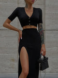 Knit 2 Piece Set Chic Women Button V Neck Short Sleeve Waist Tops Button Skirt Sexy Holiday Split Elegant New Year