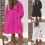 Spot 2025 Summer New Women Fashion Loose V-Neck Bubble Sleeve Cotton Linen