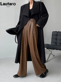 Spring Autumn Loose Casual Flowy Soft Black Brown Pu Leather Wide Leg Pants for Women High Waist Emo Korean Fashion