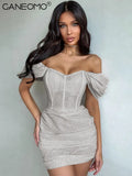 Sexy Mesh Bodycon Off Shoulder Mini Dress Women See Through Ruched Bandage Dresses 2022 Summer Party Evening