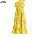PETAL One Shoulder Ruffled Midi Dress For Woman Sexy Green Tropical Leaf Beach Holiday Dress 2023 Girls Summer