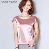 New Silk Blouse Women Tops Fashion Elegant O-neck Short sleeve Solid Shirt Women Blouses Summer Casual Blusas