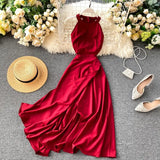 Sexy Halter Sleeveless Bohemian Dress Summer Women Elegant Off Shoulder Split Dresses Vintage A-line Beach