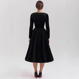 Black Velvet Cardigan Sleeve Strappy A-line Midi Dress-Outfit