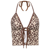 Floral Print Sexy Halter Top Summer V Neck Front Tie Sleeveless Tanks Cami Tops 90s Fashion Crop Top