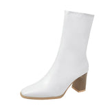 Zingj Celebrity Elastic Thin Thin Boots Female 2023 Autumn New Thick High Heel Temperament Short Boots Female White Lacquer Leather Martin Boots-Outfit