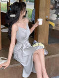 Women New Spaghetti Strap Satin Midi Dress Sexy Bodycon Elegant Party Slim One Piece Clothes