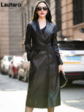 Autumn Black Waterproof Pu Leather Trench Coat for Women Long Sleeve Belt Double Breasted Autumn Designer