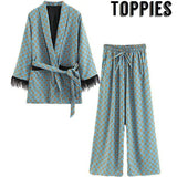 2020 Blue Printed Kimono Jacket with Feather Sleeves Wide Leg Loose Cuasal Trousers Women Vintage Clothing