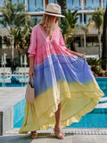 Summer Casual Printed Dress Long-sleeved V-neck Stitching Contrast Color Long Dress Fashion Holiday Women's Clothing