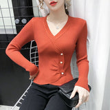 new bottoming sweater shirt women's long-sleeved knitted crossed v-neck buttons sweaters jumpers crop
