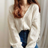 Cardigan Women Spring Chic Hollow Out Elegant V-Neck Korean Vintage Femme Jumper White Sweet Girls Pearls Lady