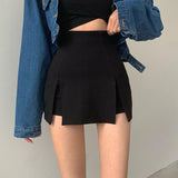 Black Mini Skirt Shorts Women Sexy High Waist Punk Casual Patchwork A-line High Slit Micro Skirt Streetwear Y2K