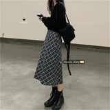 Plaid Vintage A-Line Skirt Women High Waist Autumn Winter Skirt Korean Fashion Casual Wild Daily Midi Saia