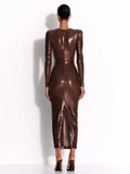 Brown Sequin Deep V-Neck Long Sleeve Evening Midi Dress- Outfit