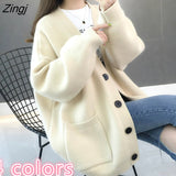 Women Autumn Solid Thicker Warm V-neck Pockets Loose Womens Sweater Ins Simple All-match Knit Tops 4-colors Korean