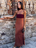 Zingj Patchwork Chest Wrapped Ribbon Long Dress Women Sexy Off Shoulder Side Split Bodycon Robe Summer New Lady Street Vestido 1215-1-Outfit