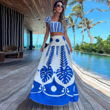 Women Two Pieces Beachwear Elegant Ruffles Sleeve Beach Dresses Leaf Print White Long Dress High Waist Bodycon