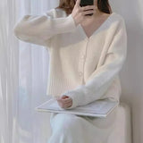 New Soft Breeze Loose Simple College Sweater Short Style Solid Color Soft Waxy V-Neck Knitted Cardigan