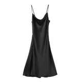 2022 Summer Vintage Women Satin Slip Dress with Slit Black Spaghetti Strap Silk Sexy Long Party
