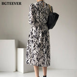 Spring New Stand Collar Women Full Sleeve Dress Elegant Hit Color Female Lace-up Printed Midi Dress