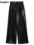 Spring Autumn Loose Casual Flowy Soft Black Brown Pu Leather Wide Leg Pants for Women High Waist Emo Korean Fashion